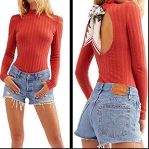 Free People Red Ribbed Open-Back Top